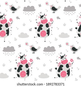 Vector seamless pattern with cute cows with angel wings, flower, Valentine's Day, cloud, sun, love, hearts, bird