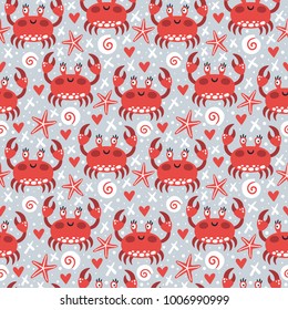 Vector seamless pattern with cute crabs. Cute repeated texture with funny cartoon character. Childish background.