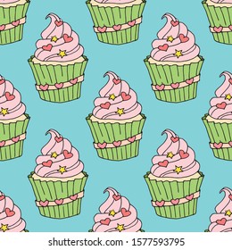 Vector seamless pattern with cute cupcake with hearts and stars decorations. Colorful image on blue background. For Greeting cards, Scrapbooking, Textile, Wrapping paper, Invitations.