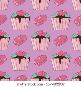 Vector seamless pattern with cute cupcake with hearts and macaroons. Colorful image on pink background. Design for Greeting cards, Scrapbooking, Textile, Wrapping paper, wallpaper, Invitations.