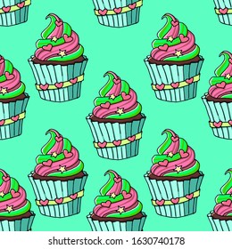 Vector seamless pattern with cute cupcake. Colorful image on green background. Doodle style. Bright colors. Design for greeting cards, scrapbooking, textile, wrapping paper, wallpaper, invitations.