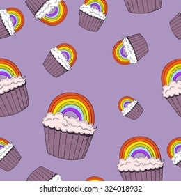 Vector seamless pattern with cute cupcake design. LGBT community design. Cupcake and rainbow. Vector backdrop for wedding invitations, posters, save the date cards.