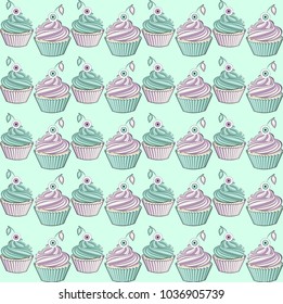 
Vector seamless pattern with cute cupcakes on a green background