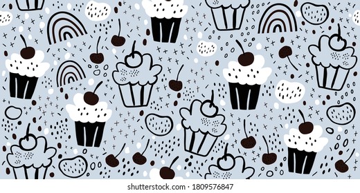 Vector seamless pattern with cute cupcakes, sweets, candies on light background. Kids minimalistic pattern. Perfect for kids fabric, nursery design.
