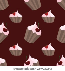 Vector seamless pattern with cute cupcakes on dark red background. Suitable for apps, web pages, social media, cards, templates, Valentine's day cards, invitations, textile or paper prints etc