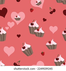 Vector seamless pattern with cute cupcakes, strawberries, cherries and hearts on pink. Suitable for apps, web pages, social media, Valentine's day cards, invitations, textile or paper prints.