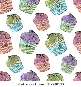 Vector seamless pattern with cute cupcakes.  Hand drawn cupcakes design. Perfect for  bakery shop advertising, invitation, valentine card.