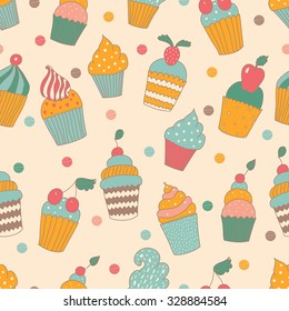 Vector seamless pattern with cute cupcakes. 