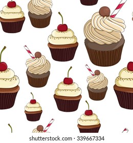 Vector seamless pattern with cute cupcakes