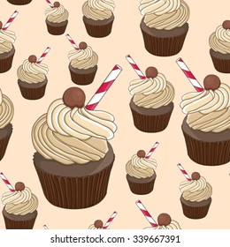 Vector seamless pattern with cute cupcakes
