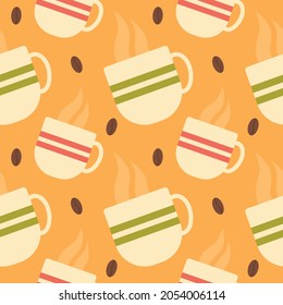 Vector seamless pattern with cute cups and coffee beans on a orange background. Perfect backdrop for kitchen fabric, packaging, textile, wallpaper. Home decoration, autumn and winter mood.