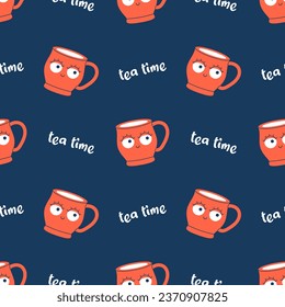 Vector seamless pattern of cute cups with eyes. Trendy pattern with funny smiling mugs with face. Modern drink cups and tea tea text on dark blue background.