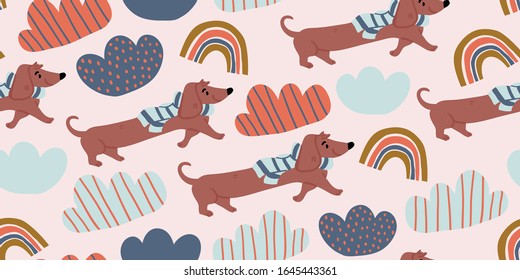 Vector seamless pattern with cute dachshund dogs on scarf, clouds, rainbows on pink. Nursery, textile, fabric design for kids, boys, girls. Scandinavian style textile. Dog, puppies illustrations.