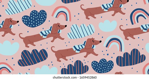 Vector seamless pattern with cute dachshund dogs on scarf, clouds, rainbows on pink. Nursery, textile, fabric design for kids, boys, girls. Scandinavian style textile. Dog, puppies illustrations.