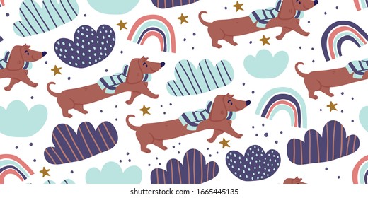 Vector seamless pattern with cute dachshund dogs on scarf, clouds, rainbows on white. Nursery, textile, fabric design for kids, boys, girls. Scandinavian style textile. Dog, puppies illustrations.