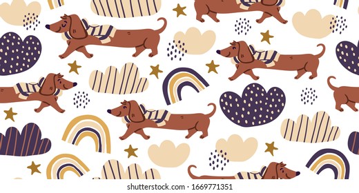 Vector seamless pattern with cute dachshund dogs on scarf, clouds, rainbows on white. Nursery, textile, fabric design for kids, boys, girls. Scandinavian style textile. Dog, puppies illustrations.