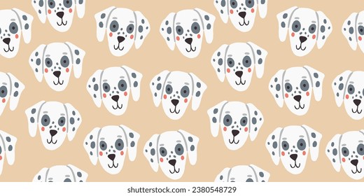 Vector seamless pattern with cute dalmatian dog faces. Dog pattern on beige background.