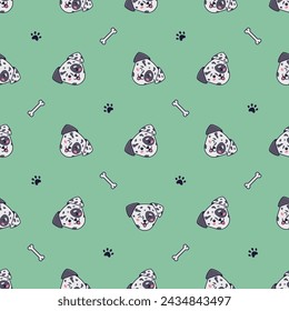 Vector seamless pattern with cute dalmatian dogs, footprints and dog bones on green background