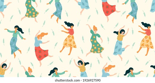 Vector seamless pattern with cute dancing women. Concept for International Women s Day and other use.