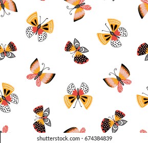Vector seamless pattern with cute decorative butterflies on the white background. Bright stylish summer fabric design.