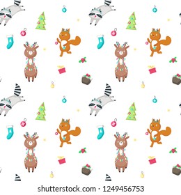 Vector seamless pattern with cute deer, raccoon and squirrel wearing antler headbands and christmas tree lights. Christmas animals background, wallpaper, fabric, wrapping paper.