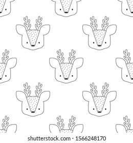 Vector seamless pattern with cute deer heads; white background; cute cartoon design for wallpaper, wrapping paper, fabric, greeting card, web design.