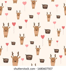 Vector seamless  pattern with cute deer, kids pattern, hearts pattern, animals pattern. Cute kids print. Vector hand drawn illustration.