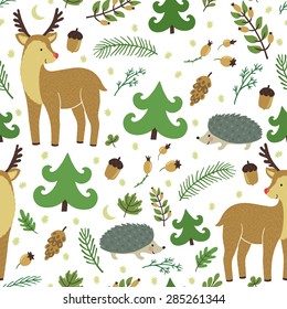 Vector seamless pattern with cute deer, hedgehog, floral elements. Forest hand drawing texture with animals. Childish background with smiling cartoon character.