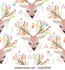 Vector seamless pattern of cute deer and flowers