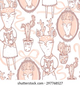 vector  seamless pattern with cute deers and vintage portraits