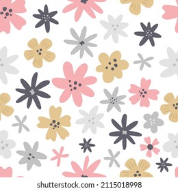 vector seamless pattern, cute design in minimalist style, tender flowers for girls