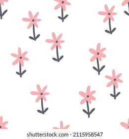 vector seamless pattern, cute design in minimalist style, tender flowers for girls