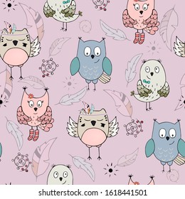 Vector seamless pattern with cute different owls.  All elements are editable.