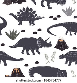 Vector seamless pattern with cute different dinosaurs, plants and volcano. Cartoon landscape of Jurassic period with dino. Pastel texture for kids wallpaper, fabrics and different surfaces.