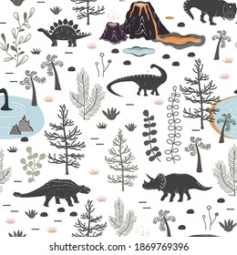 Vector seamless pattern with cute different dinosaurs, plants and volcano. Cartoon landscape of Jurassic period with dino. Pastel texture for kids wallpaper, fabrics and different surfaces.