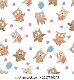 Vector seamless pattern with cute different owls.