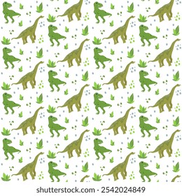 Vector seamless pattern with cute dino, dinosaur T Rex, Tyrannosaurus and Brachiosaurus, abstract children background with plants and stones
