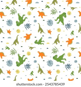 Vector seamless pattern with cute dino, dinosaur Brachiosaurus, T Rex, Stegosaurus ans leaves, abstract children background
