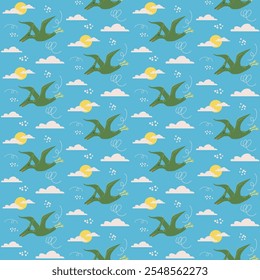 Vector seamless pattern with cute dino, flying dinosaur Pterodactyl with sun and clouds, abstract children background
