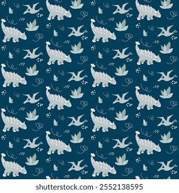 Vector seamless pattern with cute dinos, flying Pterodactyl and dinosaur in armor Ankylosaurus with bushes or grass, dots and doodles, abstract children background
