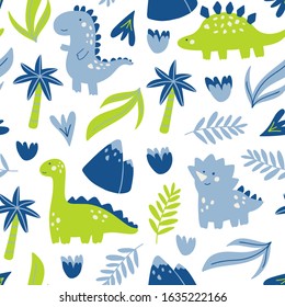 Vector seamless pattern with cute dinosaur character. Hand drawn with palm tree, leaves, flowers and mountain. Cartoon design in childish doodle style for textile, concept, books