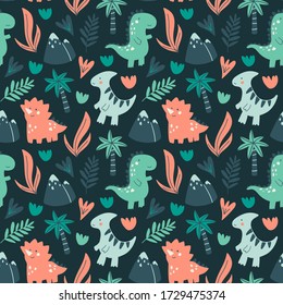 Vector seamless pattern with cute dinosaur character on dark background. Hand drawn with palm tree, leaves and mountain. Cartoon design in childish doodle style for textile, books, phone cases