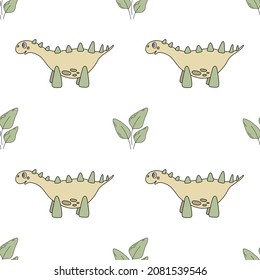 Vector seamless pattern with cute dinosaur and leaves in green gentle colors. Cute children character. Nice illustration for kids decor, fabric, textile, wallpaper.