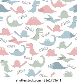 Vector seamless pattern with cute dinosaur character on white background. Cartoon design in childish doodle style for textile, books, phone cases