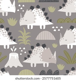 Vector seamless pattern with cute dinosaur, tropical leaves, volcano, hills and plants. Jurassic print. Triceratops. Creative kids texture for fabric, wrapping, textile, wallpaper. Nursery. 