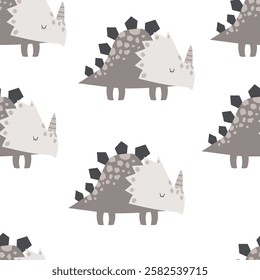 Vector seamless pattern with cute dinosaur on white background. Creative kids texture for fabric, wrapping, textile, wallpaper. Nursery. Triceratops. Scandinavian style. Jurassic.