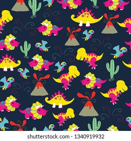 Vector of seamless pattern with cute Dinosaurs with volcano eruption, bones & cactus. Figure of Tyrannosaurus Rex/ T-rex, Triceratops, Stegosaurus, Pterodactyls/ Pterosaurs. Element from Jurassic era.