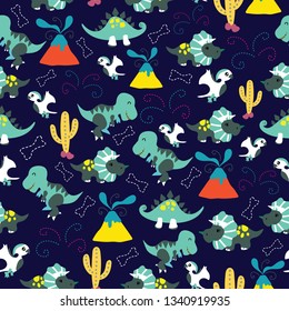 Vector of seamless pattern with cute Dinosaurs with volcano eruption, bones & cactus. Figure of Tyrannosaurus Rex/ T-rex, Triceratops, Stegosaurus, Pterodactyls/ Pterosaurs. Element from Jurassic era.