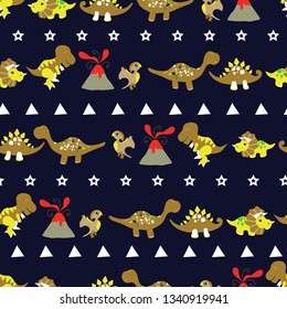 Vector of seamless pattern with cute Dinosaurs running from volcano eruption i.e. Tyrannosaurus Rex, Brontosaurus, Triceratops, Stegosaurus, Pterodactyls/ Pterosaurs. Jurassic figures. Prehistoic era.