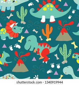 Vector of seamless pattern with cute Dinosaurs with volcano eruption i.e. Tyrannosaurus Rex/ T-rex, Brontosaurus, Triceratops, Stegosaurus, Pterodactyls/ Pterosaurs. Jurassic figures. Prehistoric era.